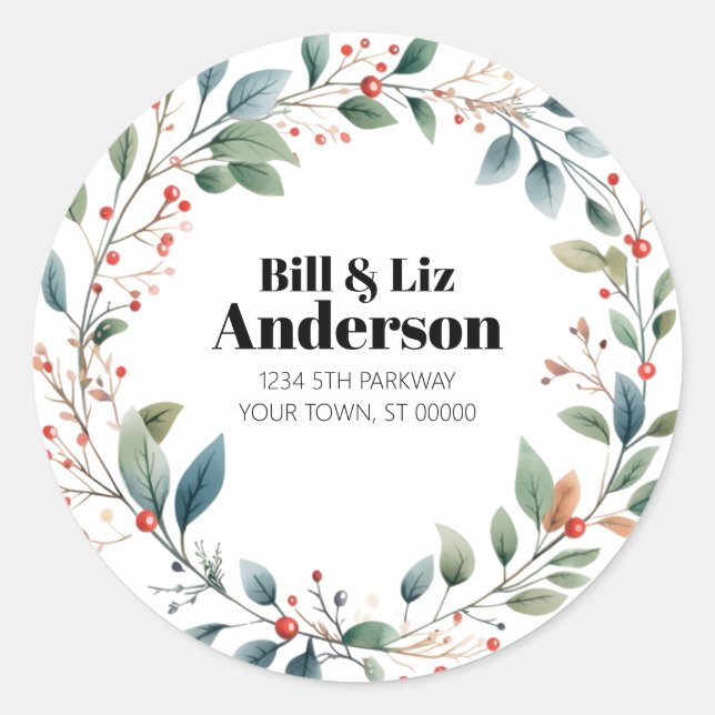 Adesivo Redondo Festive Wreath Leaves Berries Sticker (Frente)