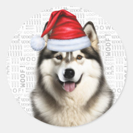 Adesivo Redondo Festivo Alaskan Malamute Woof Word Art Natal