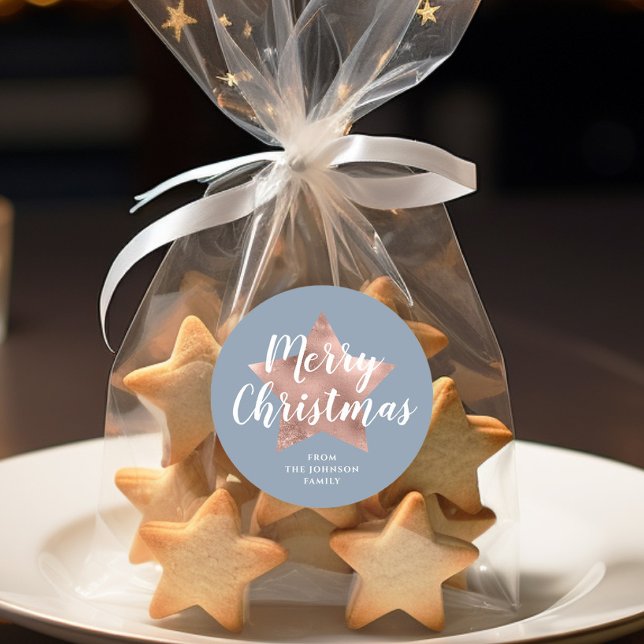 Adesivo Redondo Festivo Azul Feliz Natal (Festive Blue Merry Christmas Classic Round Sticker)