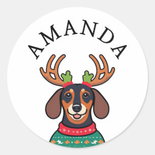 Adesivo Redondo Festivo Black Dachshund Nome de Natal