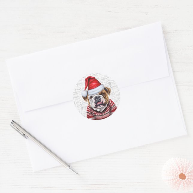 Adesivo Redondo Festivo Bulldog e Woof Word Art Natal (Envelope)