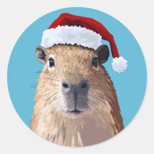 Adesivo Redondo Festivo Capybara em Santa Hat