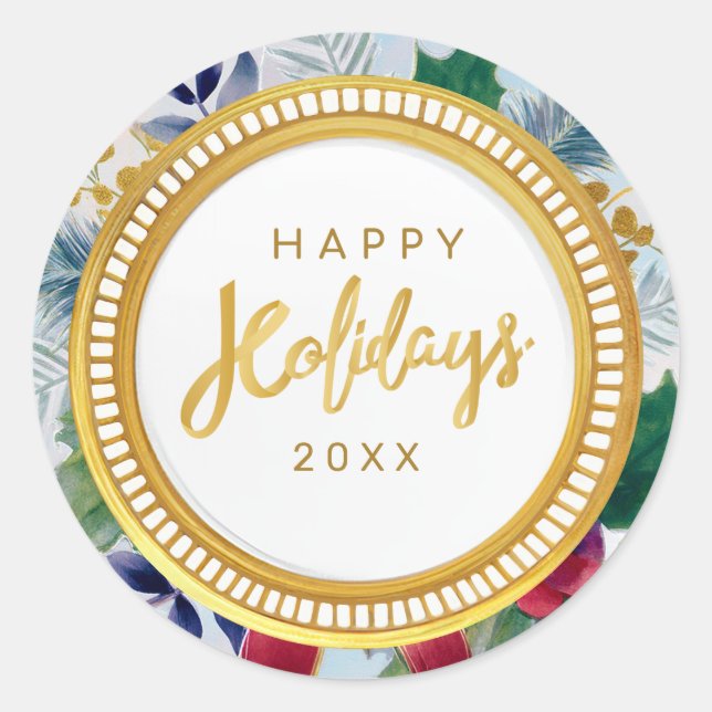 Adesivo Redondo Festivo Feliz Feriado Botânico Dourado Sparkle (Frente)