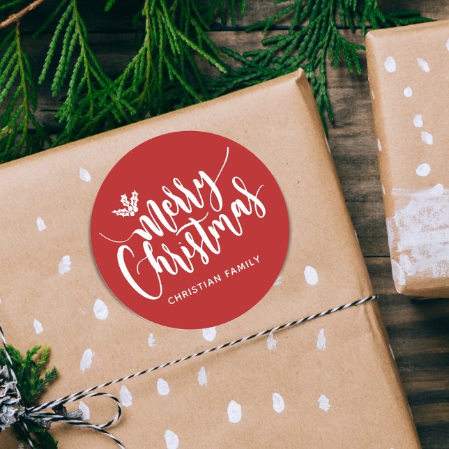 Adesivo Redondo Festivo Feliz Natal Personalizado Vermelho (Festive Merry Christmas Personalized Red Classic Round Sticker)