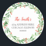 Adesivo Redondo Festivo Felry Christmas Wreath Return Endereço<br><div class="desc">Festivo Feliz Natal Wreath Endereço de Devolução. Apresenta verde e groselhas vermelhas. Personalizável com seu texto e excelente como etiqueta de endereço de retorno para a parte traseira dos envelopes nesta temporada de feriados!</div>