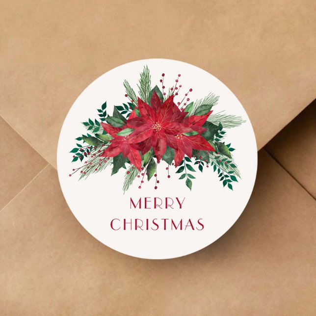 Adesivo Redondo Festivo Floral Vermelho Poinsettia Feliz Natal (Festive Floral Red Poinsettia Merry Christmas Classic Round Sticker)