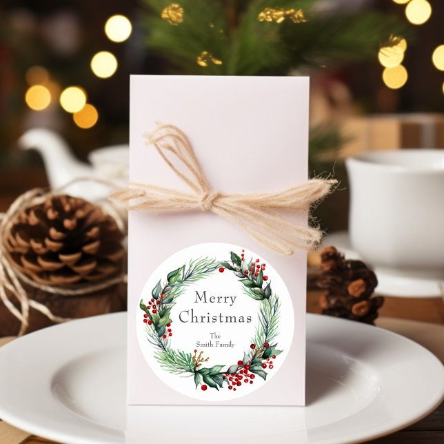 Adesivo Redondo Festivo Foliday Berry Wreath com Nome (Criador carregado)