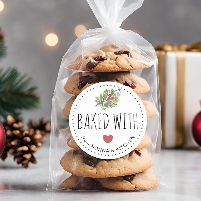 Adesivo Redondo Festivo Greenerescência Festiva Feita Com Amor (Festive Holiday Greenery Baked With Love Classic Round Sticker)