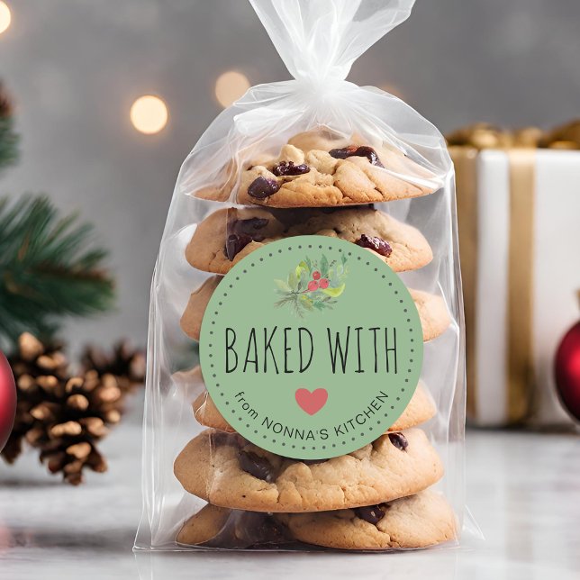 Adesivo Redondo Festivo Greenerescência Festiva Feita Com Amor (Festive Holiday Greenery Baked With Love Classic Round Sticker)