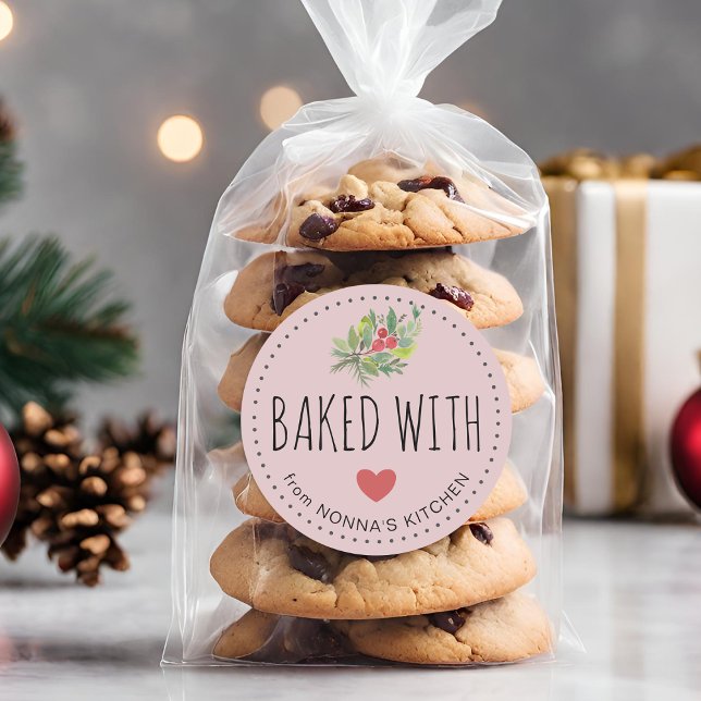 Adesivo Redondo Festivo Greenerescência Festiva Feita Com Amor (Festive Holiday Greenery Baked With Love Classic Round Sticker)