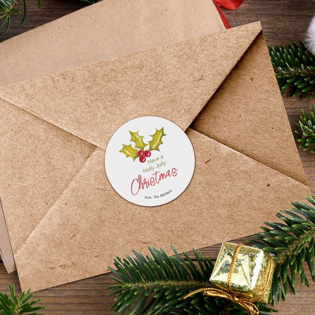 Adesivo Redondo Festivo Mínimo Holly Berries Whimsical Christmas (Criador carregado)