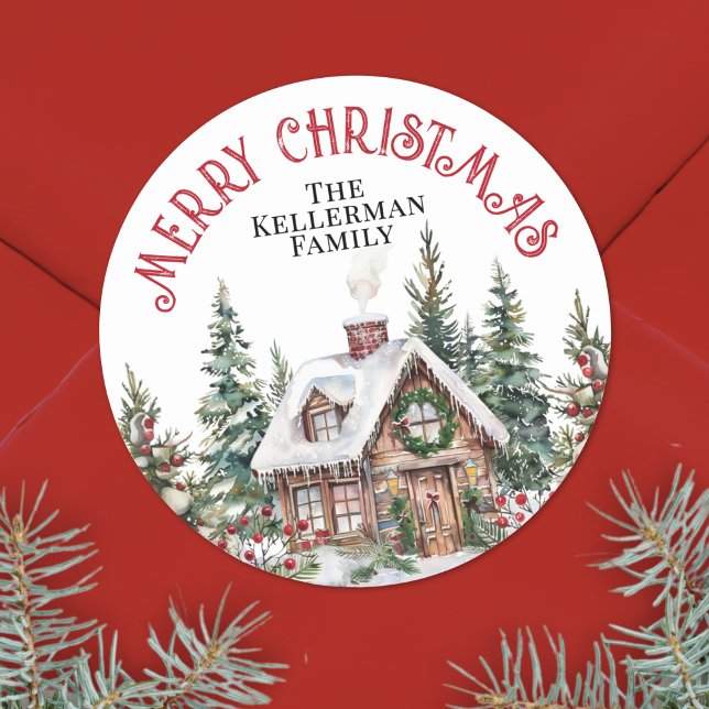 Adesivo Redondo Festivo Winter Watercolor Natal (Festive Winter Watercolor Christmas Classic Round Sticker)