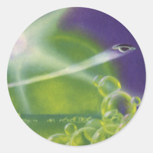 Adesivo Redondo Ficção científica vintage Planeta Bolha Verde