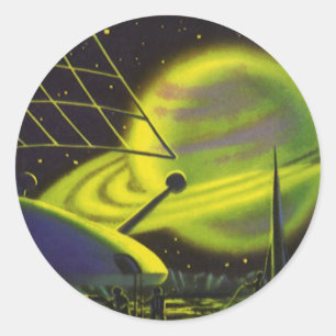 Adesivo Redondo Ficção Científica Vintage Planeta Verde Neon com A