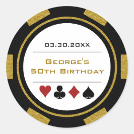 Adesivo Redondo Ficha de pôquer de aniversário de cassino dourado 