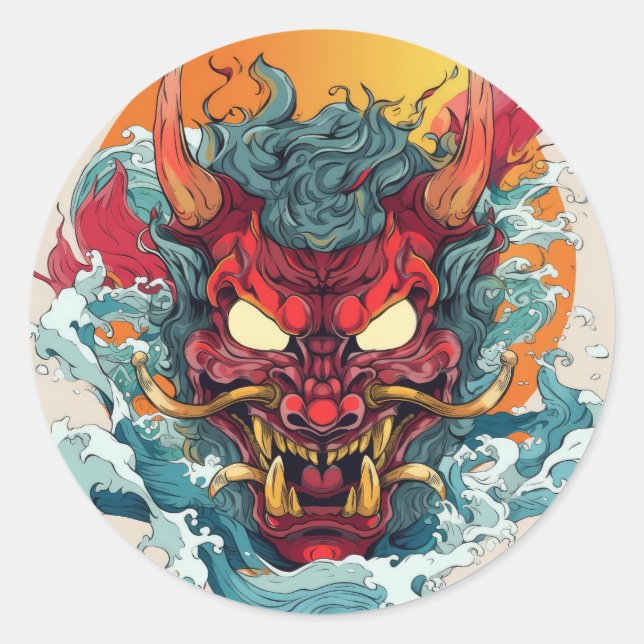 Adesivo Redondo Fiery Hannya Japonês Mask (Frente)