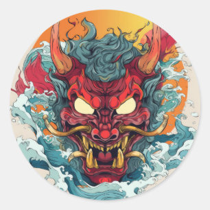 Adesivo Redondo Fiery Hannya Japonês Mask