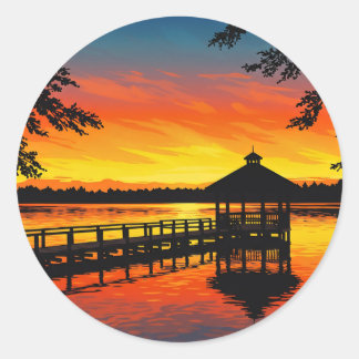 Adesivo Redondo Fiery Red Lake Sunset with Dock