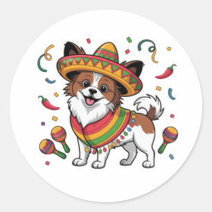 Adesivo Redondo Fiesta Papillon Dog Vestindo Sombrero e Sarape