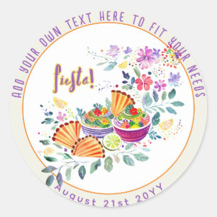 Adesivo Redondo FIESTA Tacos Guacamole Folkart Flores Personalizad