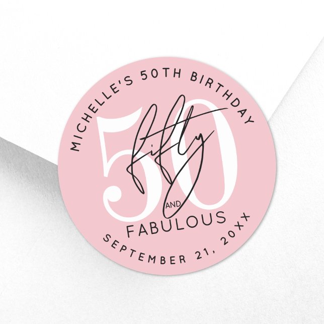Adesivo Redondo Fifty Fabulous Pink 50th Birthday Party (Fifty Fabulous Pink 50th Birthday Party Classic Round Sticker )