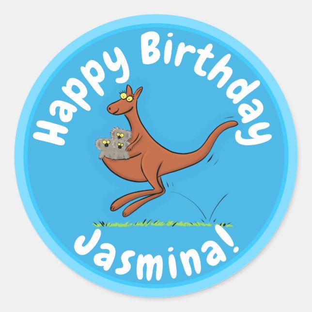 Adesivo Redondo Figura de desenho animado de canguru e koalas (Frente)