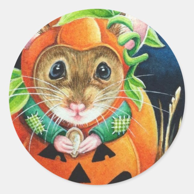 Adesivo Redondo Figurino de Halloween Pumpkin Mouse Watercolor Art (Frente)