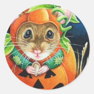 Adesivo Redondo Figurino de Halloween Pumpkin Mouse Watercolor Art