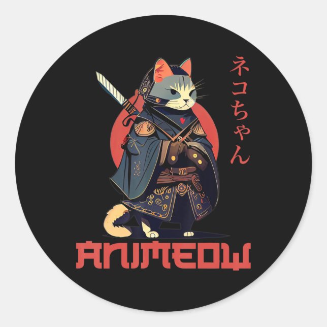 Adesivo Redondo Figurino divertido de ANIMEOW Samurai Kawaii Cat N (Frente)