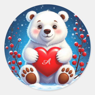 Adesivo Redondo Filhote Adorável de Urso Polar Branco Segurando um