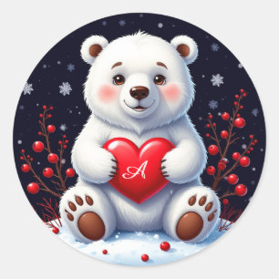 Adesivo Redondo Filhote Adorável de Urso Polar Branco Segurando um