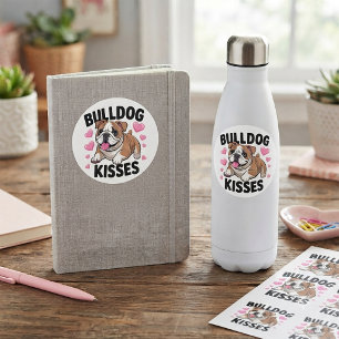 Adesivo Redondo Filhote de Bulldog Fofo Beijos Coração Rosa Amor C
