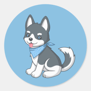 Adesivo Redondo Filhote de Husky Fofo em Azul