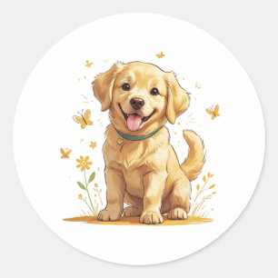 Adesivo Redondo Filhote de Retriever Dourado com Flores Amarelas
