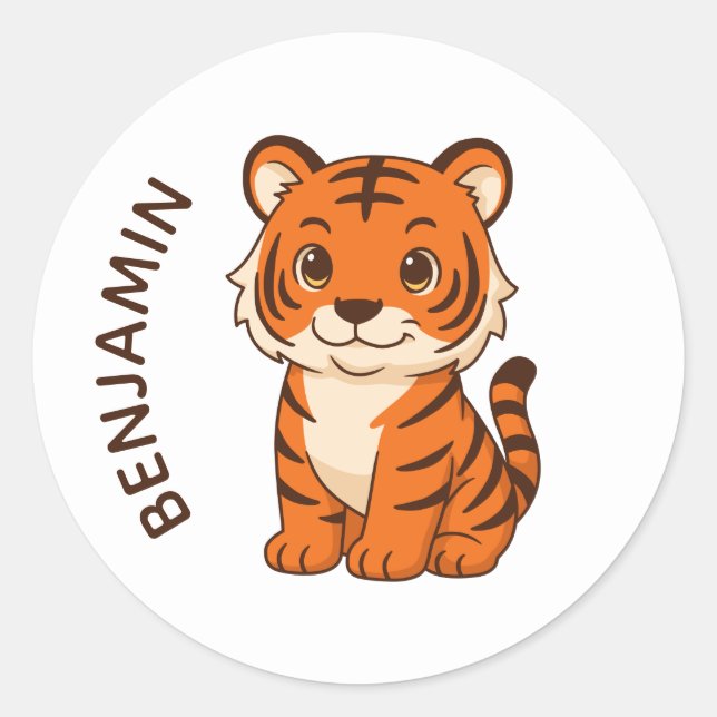 Adesivo Redondo Filhote de Tigre Fofo Nome Personalizado (Frente)