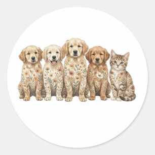 Adesivo Redondo Filhotes de Golden Retriever Fofos & Gatinho