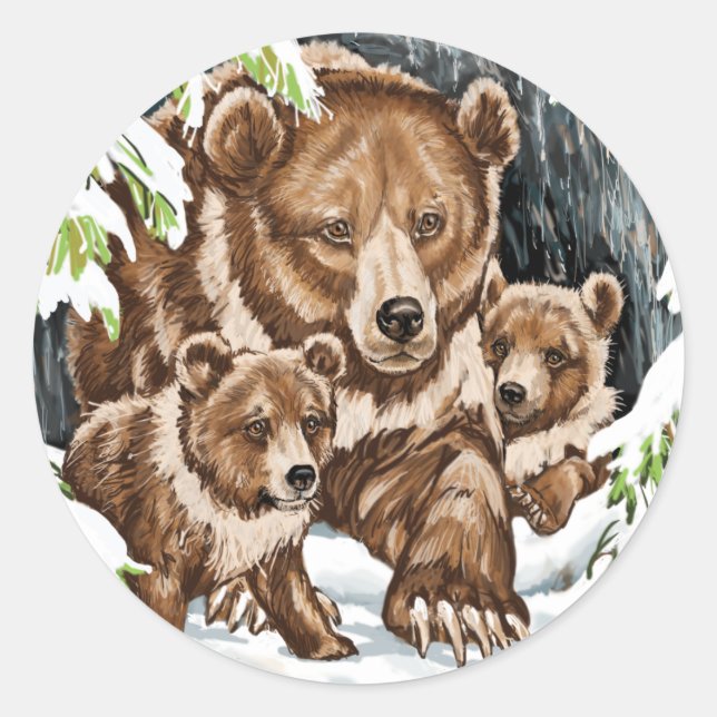 Adesivo Redondo Filhotes e Mãe do Urso Grizzly no inverno (Frente)