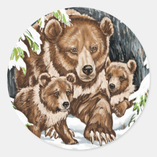 Adesivo Redondo Filhotes e Mãe do Urso Grizzly no inverno