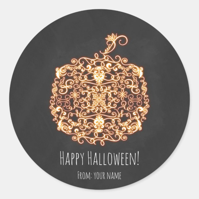 Adesivo Redondo Filigree Laranja Abóbora Brilhante Halloween Favor (Frente)