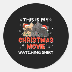 Adesivo Redondo Filme de Natal do Bulldog Francês Assistindo Mulhe