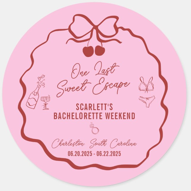 Adesivo Redondo Fim de Semana de Despedida de Solteira Cereja Rosa (One Last Sweet Escape bachelorette weekend sticker ,favors, gifts, and décor in red and pink)
