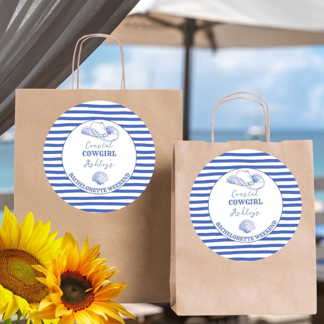 Adesivo Redondo Fim de semana de solteira Cowgirl Costeira impress (Coastal Cowgirl Bachelorette weekend printed Sticker last toast on a coast dusty blue favor stickers)
