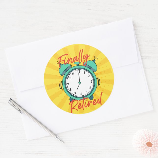 Adesivo Redondo Finalmente, Aposentado, desligue o despertador, (Envelope)