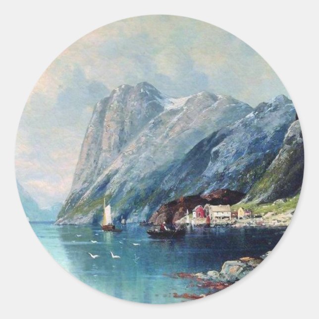 Adesivo Redondo Fiord na pintura da Noruega por lev Lagorio (Frente)