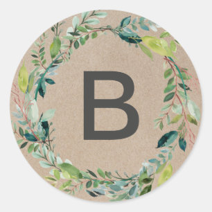 Adesivo Redondo Fios de Envelope Kraft Foliage Wreath Monogramas
