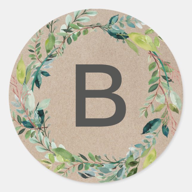 Adesivo Redondo Fios de Envelope Kraft Foliage Wreath Monogramas (Frente)