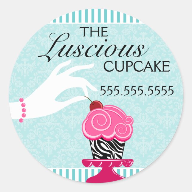 Adesivo Redondo Fios de Panificação de Teal Damask, Cupcake Zebra (Frente)