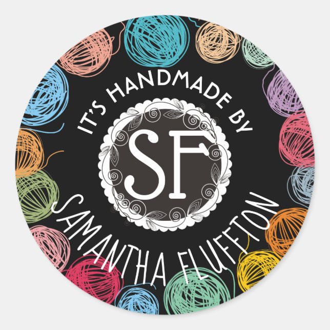 Adesivo Redondo Fios escrivados tricotando crochê feito à mão com  (Frente)