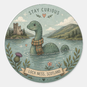 Adesivo Redondo Fique Curioso Aconchegante Críptido Nessie Monstro