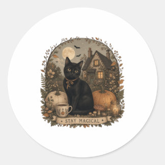 Adesivo Redondo Fique Mágico Gato Preto Halloween Cottagecore